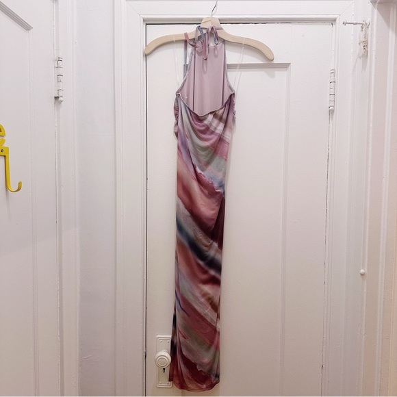 Caution To The Wind Maxi Dress Abstract Print Sleeveless Halter Summer Mesh - Picture 2 of 4